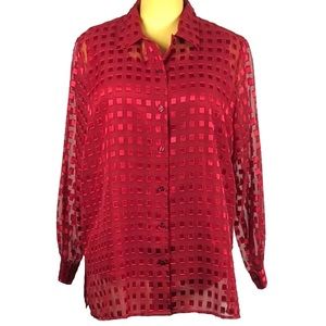 Notations Woman Sheer Button Up Blouse 1X Red